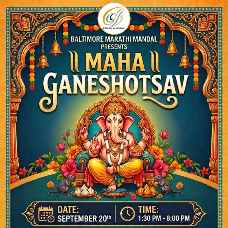 A vibrant poster for Maha Ganeshotsav features Lord Ganesha seated on a throne in the foreground, surrounded by floral decorations and mice, with ornate arches and bells adorning the background.