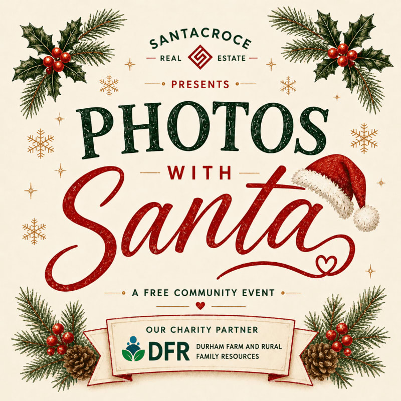 Festive Christmas decorations frame a "Photos with Santa" event announcement, with a banner at the bottom detailing a charity partnership.