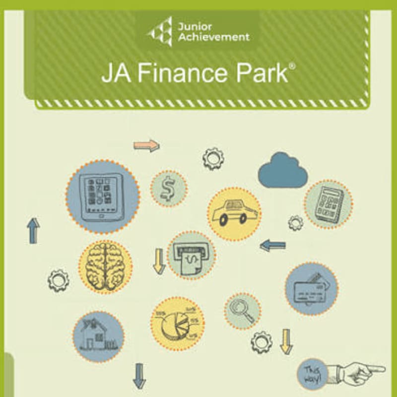 A light green background frames a central infographic with various financial icons, while a green banner at the top displays "Junior Achievement JA Finance Park®".
