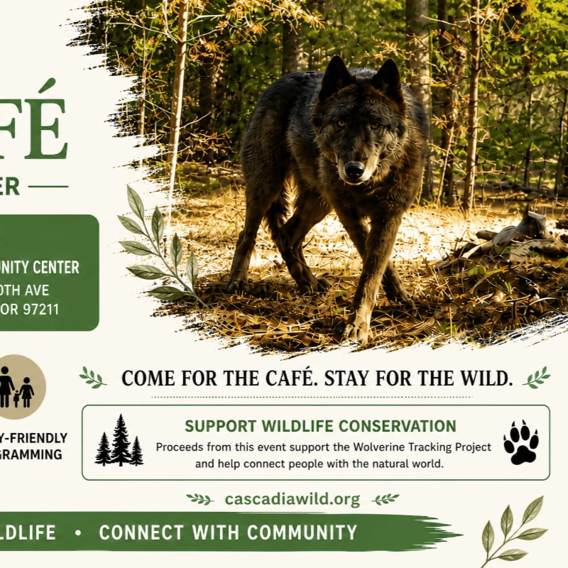 A wolf stands in a forest clearing in the foreground, with text about a cafe and wildlife conservation in the background.