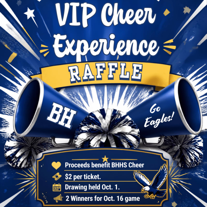 Two blue megaphones with pom-poms in front of a blue and white starburst background advertise a VIP Cheer Experience raffle.