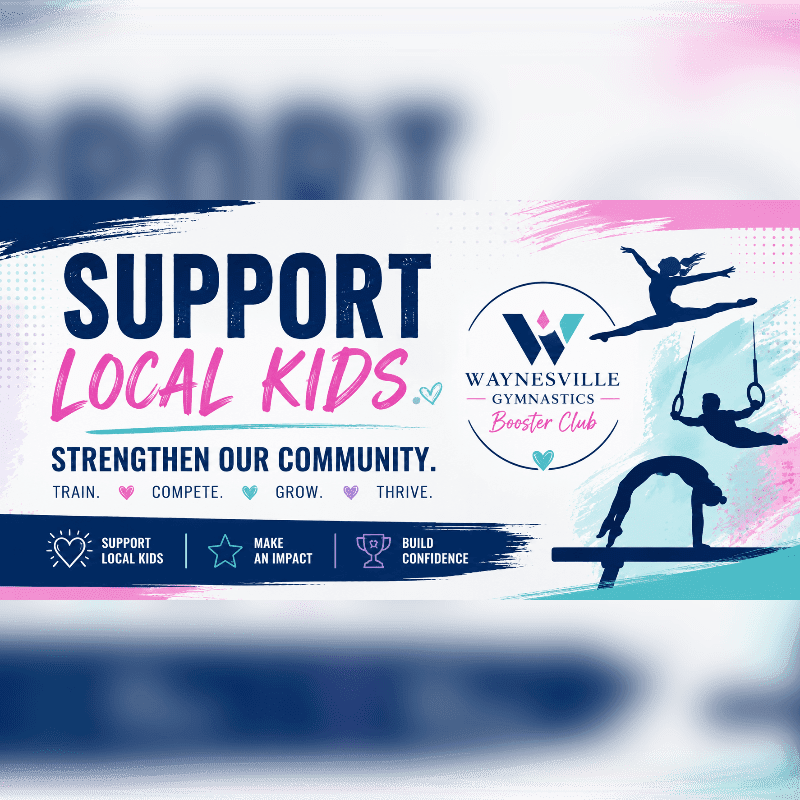 Silhouettes of gymnasts performing on various apparatus are in the background, while the foreground features bold text promoting support for local kids and community strength.