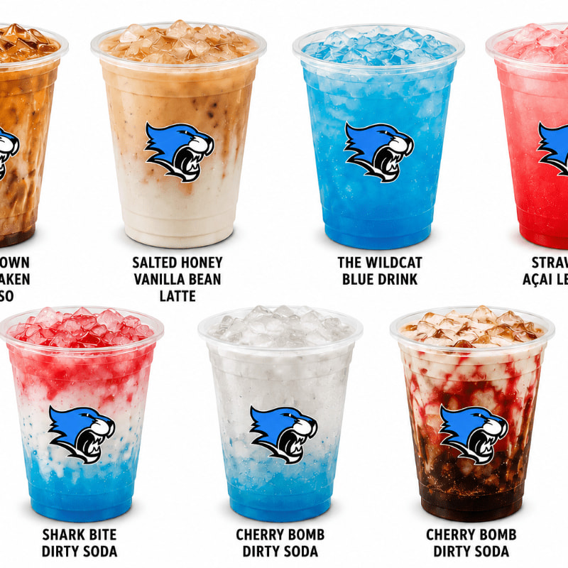 A row of colorful iced drinks with blue wildcat logos are displayed against a white background.