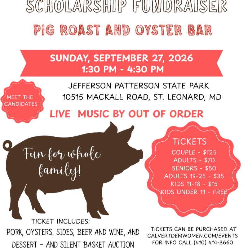 A silhouette of a pig with "Fun for whole family!" written on it is in the foreground, while the background displays event details for a scholarship fundraiser pig roast and oyster bar.