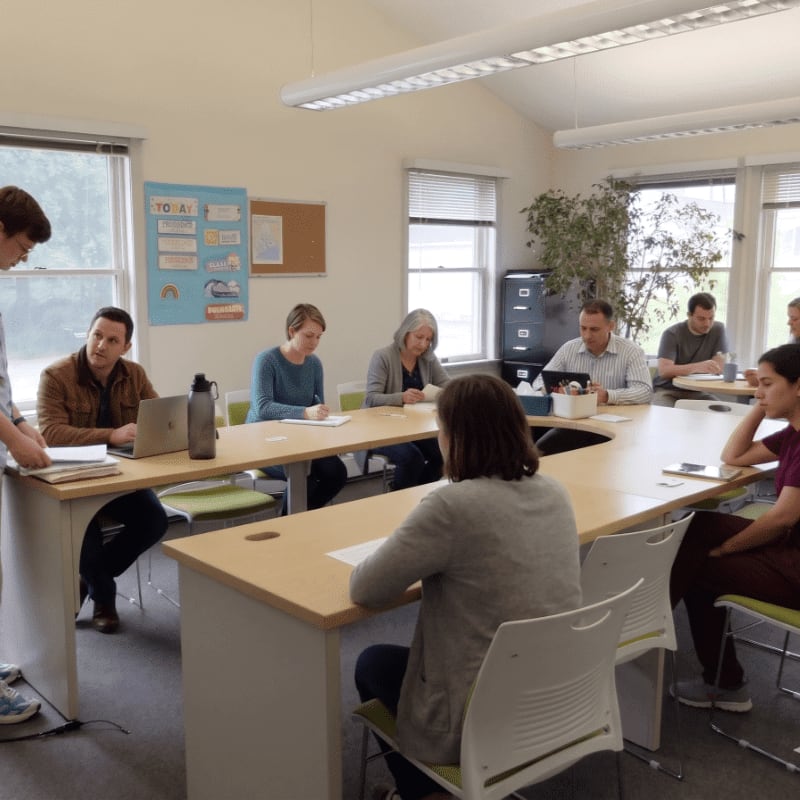 In the foreground, people are seated around a large table in a classroom, while the background shows windows with blinds and a bulletin board.