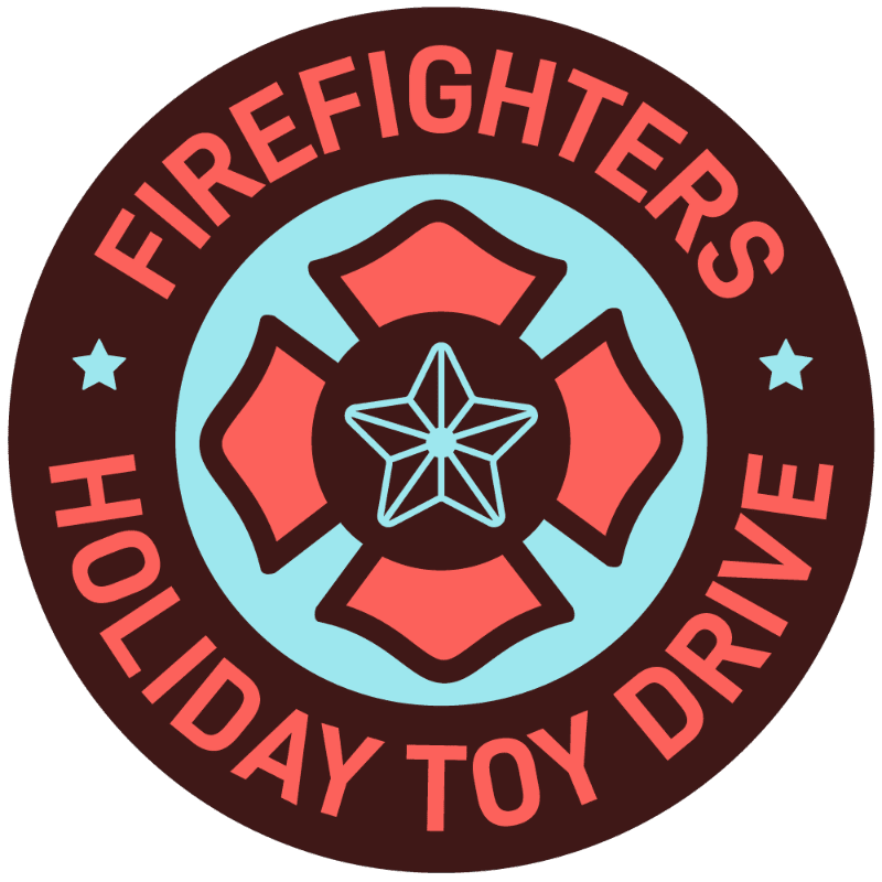 A circular emblem with "FIREFIGHTERS HOLIDAY TOY DRIVE" written around the edge in brown text, featuring a red Maltese cross with a light blue star in the center, all on a white background.
