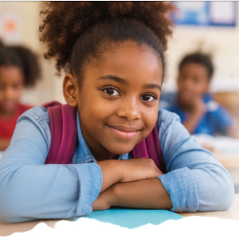 A young Black girl with a backpack smiles at the camera, with other children blurred in the background of a classroom.