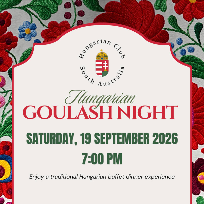 A vibrant floral border frames an invitation for a Hungarian Goulash Night on Saturday, September 19, 2026, at 7:00 PM, promising a traditional Hungarian buffet dinner experience.