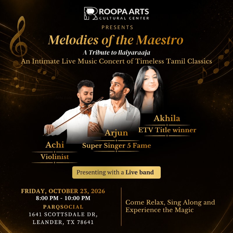 Three performers are featured in the foreground against a dark, musical-themed background advertising a concert tribute to Ilaiyaraaja.