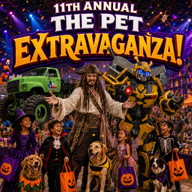 A pirate and Bumblebee stand with children and dogs dressed in costumes, holding Halloween candy bags, in front of a monster truck and a festive banner for the "11th Annual The Pet Extravaganza!"