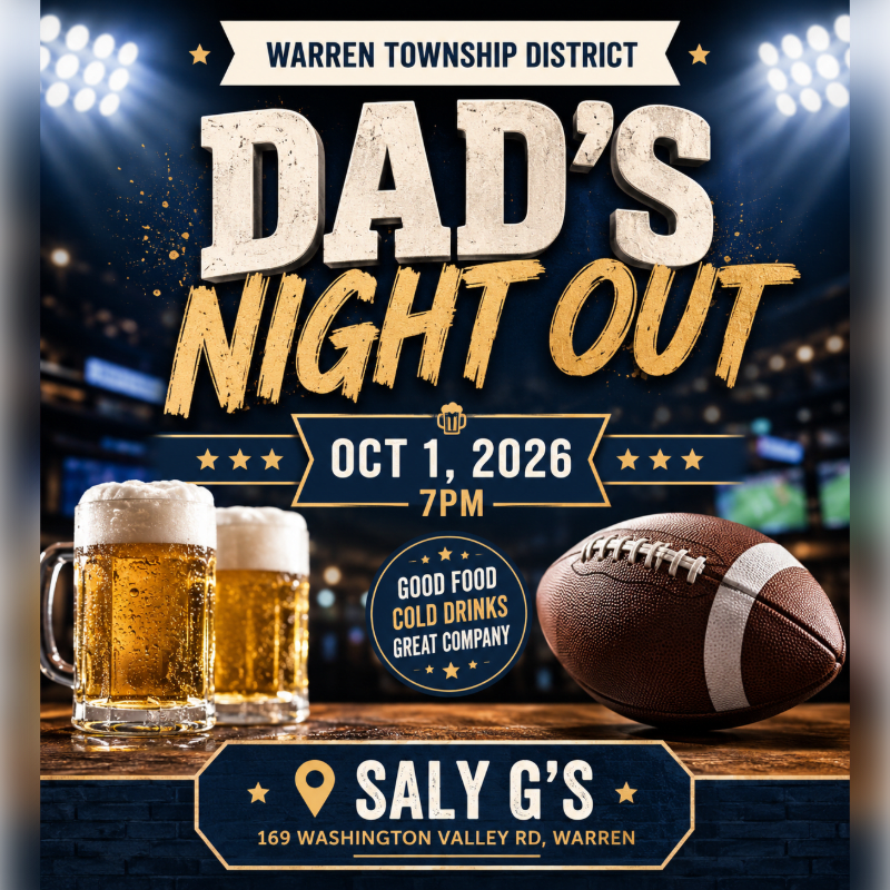 Two frothy mugs of beer and a football sit on a wooden surface in the foreground, while stadium lights illuminate the "Dad's Night Out" event details in the background.