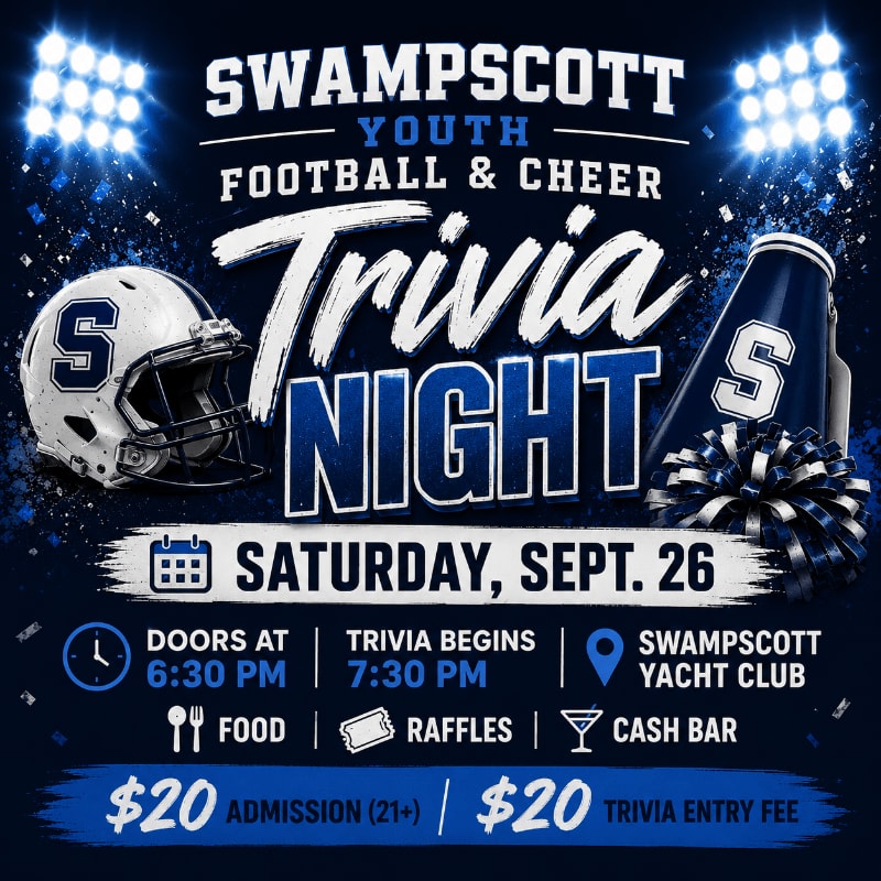 A football helmet and megaphone are in the foreground of a flyer advertising Swampscott Youth Football & Cheer Trivia Night, with bright stadium lights illuminating the background.