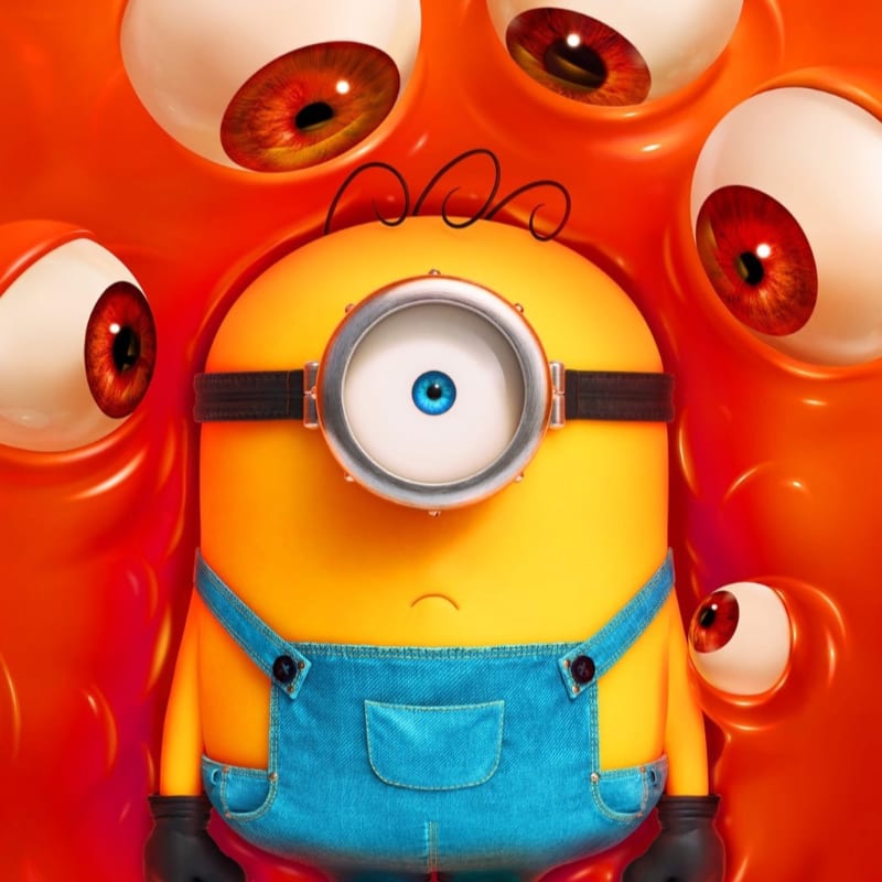 A single Minion with one eye stares forward, surrounded by a viscous orange substance and multiple disembodied eyes.