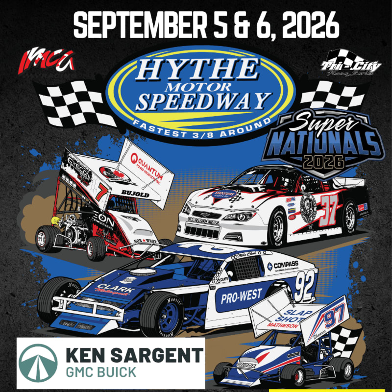 Four race cars and two sprint cars are featured in the foreground against a background of checkered flags, the Hythe Motor Speedway logo, and event details for September 5 & 6, 2026.