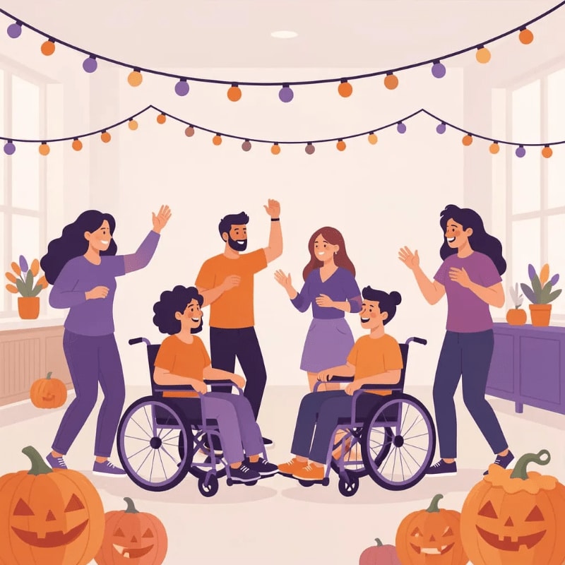 A group of diverse individuals, some in wheelchairs, are joyfully dancing and celebrating under festive string lights, with carved pumpkins adorning the foreground and a warm, inviting room in the background.