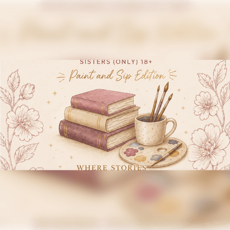 A stack of books and art supplies sit on a palette in the foreground, with floral illustrations and text on a muted background.