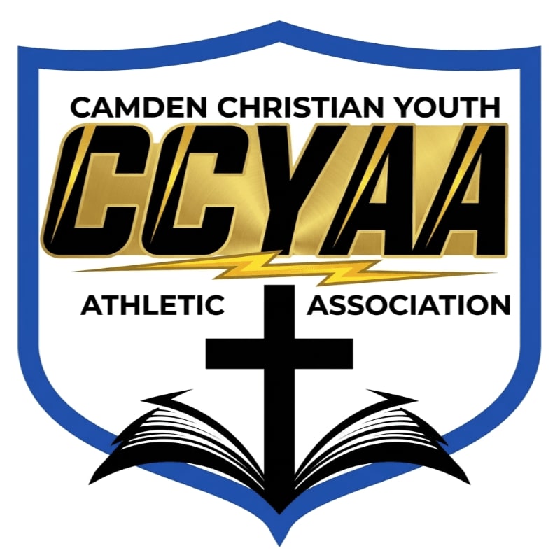 A black cross and open book are in the foreground, set against a blue and white shield with "CAMDEN CHRISTIAN YOUTH CCYAA ATHLETIC ASSOCIATION" written in gold and black lettering in the background.