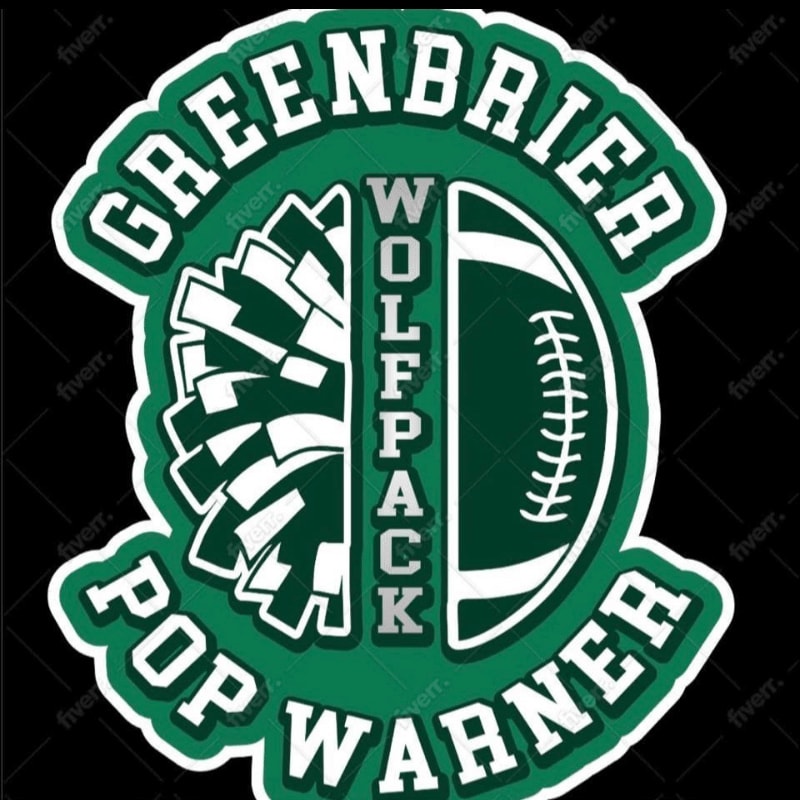 A green and white logo for Greenbrier Pop Warner Wolfpack features a football on the right and a pom-pom on the left, set against a black background.