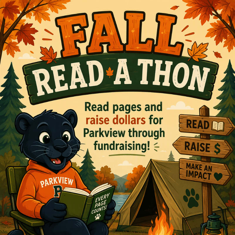 A cartoon panther in an orange hoodie reads a book in front of a tent and campfire, with a "Fall Read-A-Thon" banner overhead and autumn trees in the background.