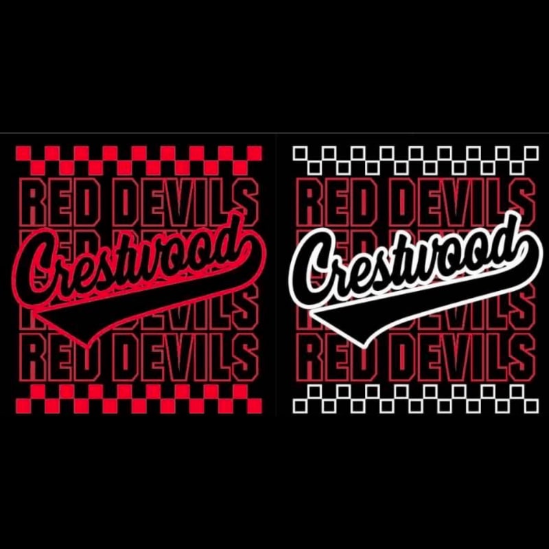 Two identical "Red Devils Crestwood" logos are displayed on a black background, one in red and black with a checkered border, and the other in white and black with a square border.