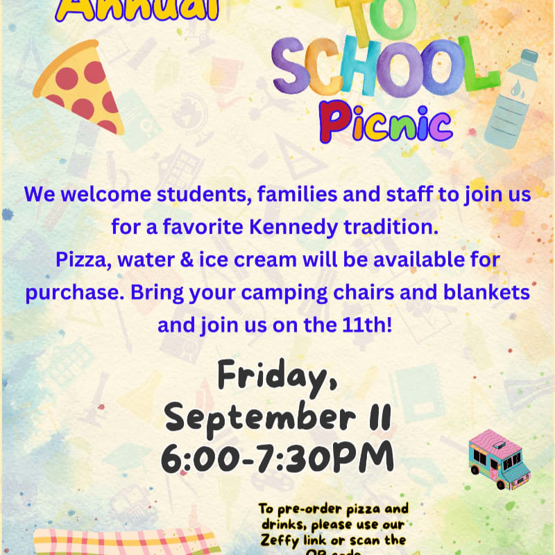 A colorful flyer announces an annual back-to-school picnic with pizza, water, and ice cream available for purchase, set for Friday, September 11th from 6:00-7:30 PM, against a background of school-related doodles.