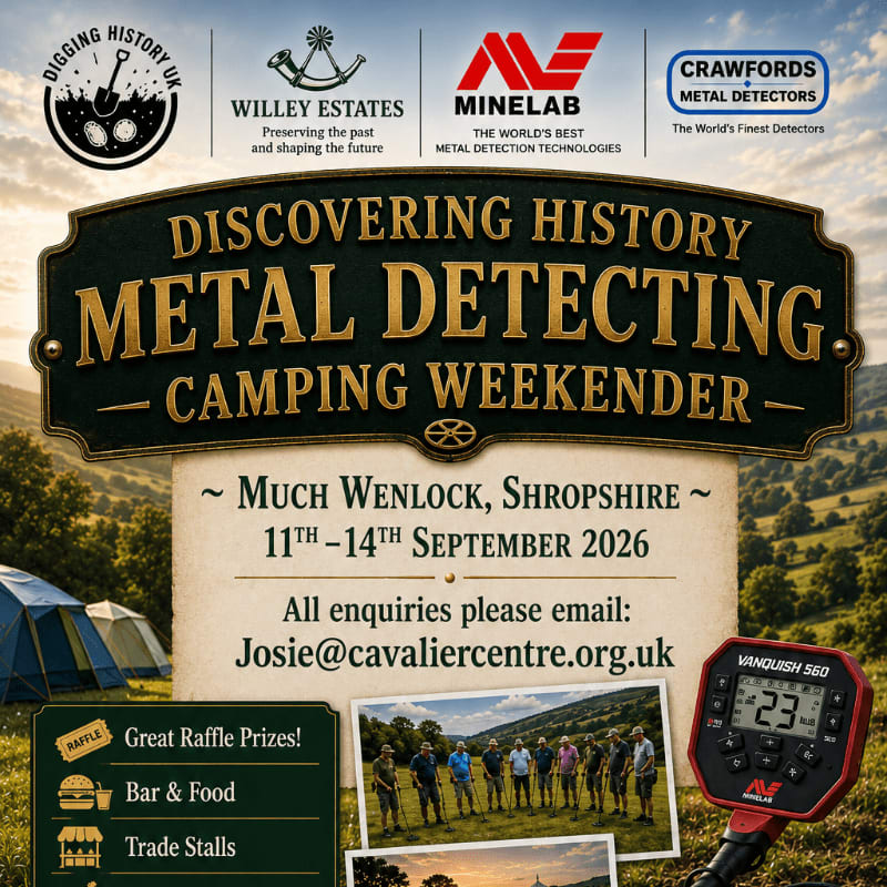 A metal detecting camping weekend poster features tents and a metal detector in the foreground against a backdrop of rolling hills and a sunny sky.