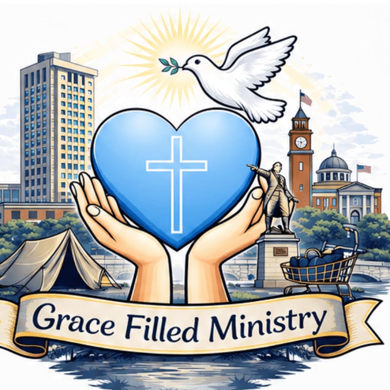 Cupped hands hold a blue heart with a cross, a dove flies above, and a banner reads "Grace Filled Ministry" in front of a cityscape with buildings and a statue.