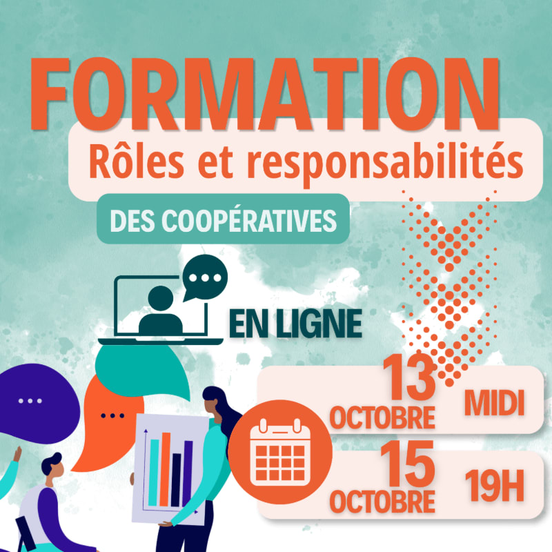 In the foreground, stylized figures engage with digital and visual information, while the background features a cloudy texture and bold text announcing an online cooperative training event.