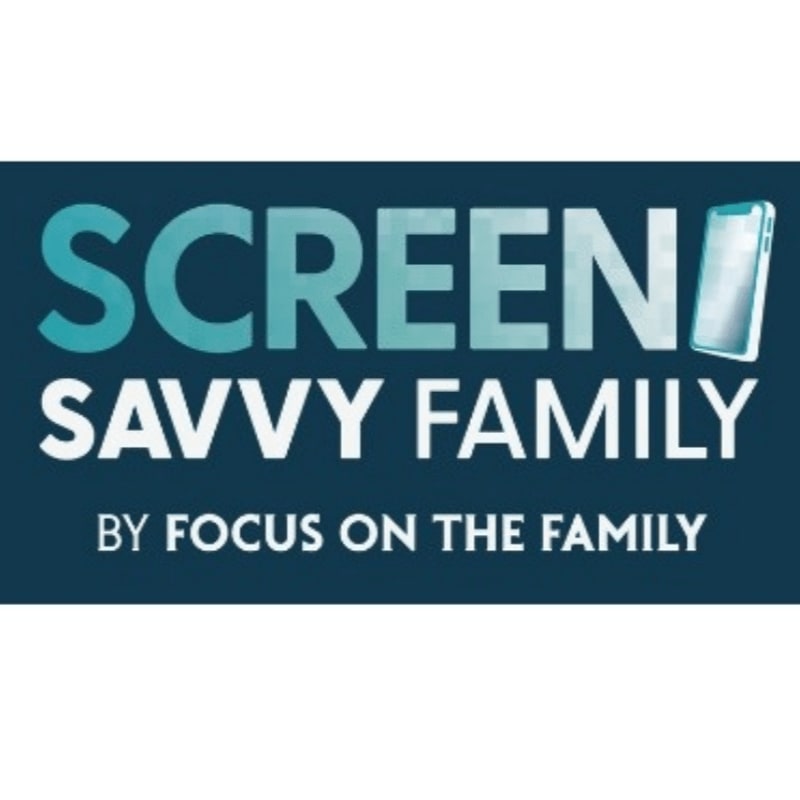 A teal rectangle with white and light blue text reads "SCREEN SAVVY FAMILY" in the foreground, with "BY FOCUS ON THE FAMILY" below it, all set against a dark teal background.