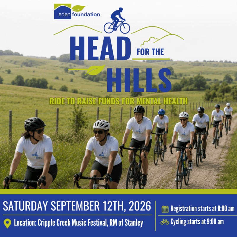Cyclists ride on a dirt path through rolling green hills under a bright sky, promoting a mental health fundraiser.
