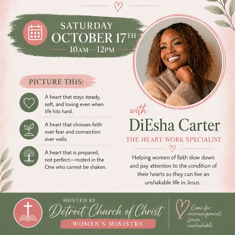 A woman's portrait is featured in the upper right, with event details and inspirational text filling the rest of the graphic.