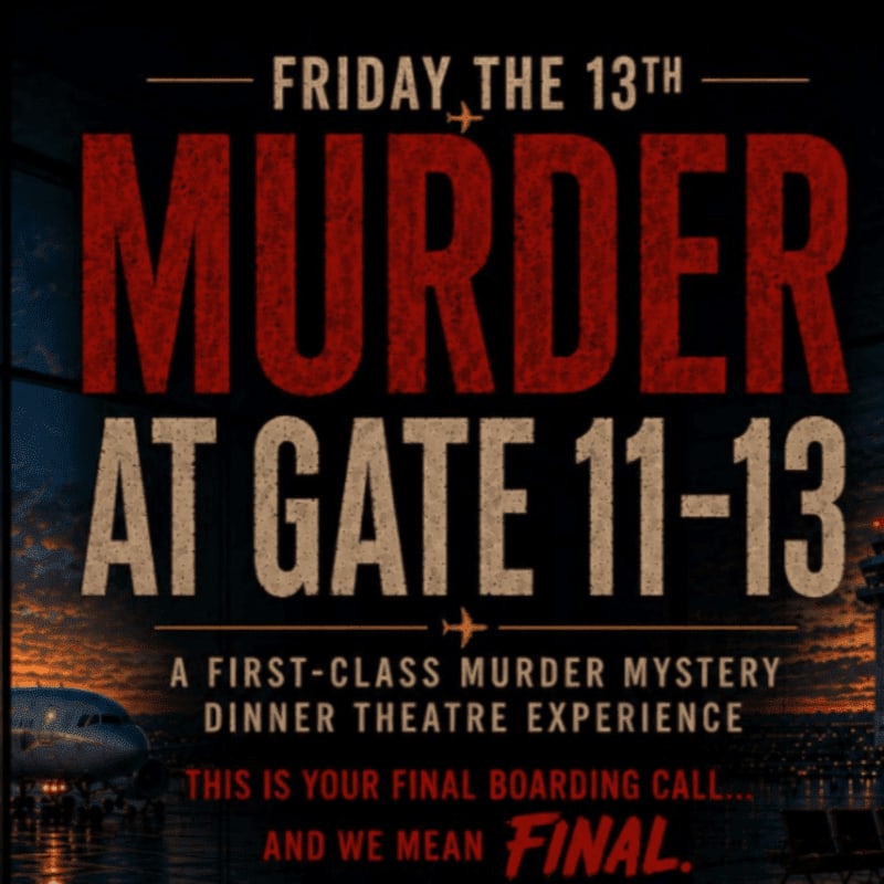 Bold red text announcing "MURDER AT GATE 11-13" is superimposed over a dark airport scene with an airplane in the foreground and a cityscape in the background.