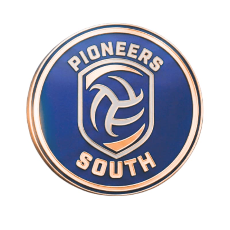 A circular emblem with a blue background and a copper-colored border features a white and orange volleyball graphic within a shield, with "PIONEERS" arched above and "SOUTH" below in copper lettering.