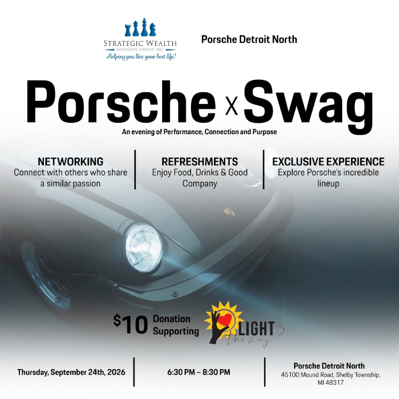 A dark Porsche is featured in the background with event details for "Porsche x Swag" in the foreground.