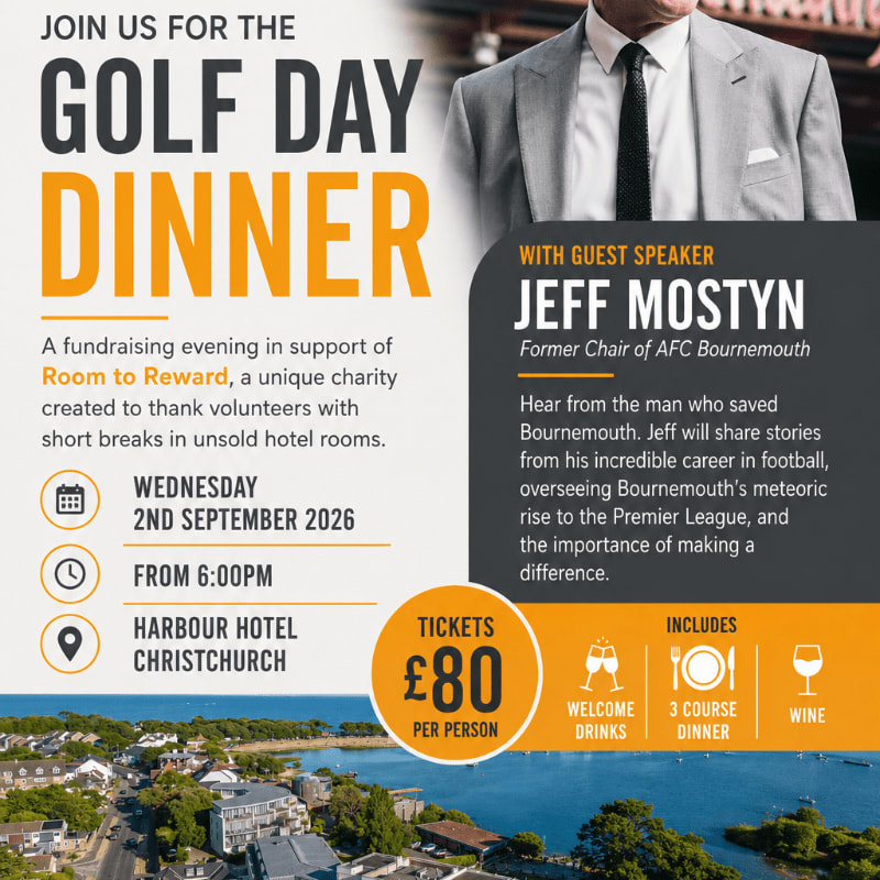 A poster for a golf day dinner with a coastal town in the background and a man in a suit in the foreground.