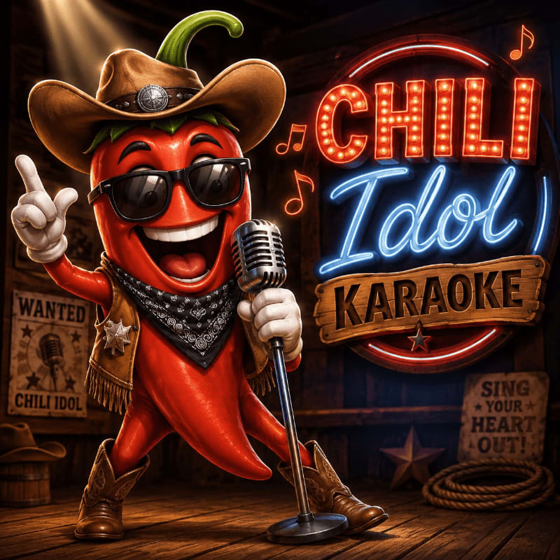 A cartoon chili pepper wearing a cowboy hat and sunglasses sings into a microphone in front of a neon "Chili Idol Karaoke" sign.
