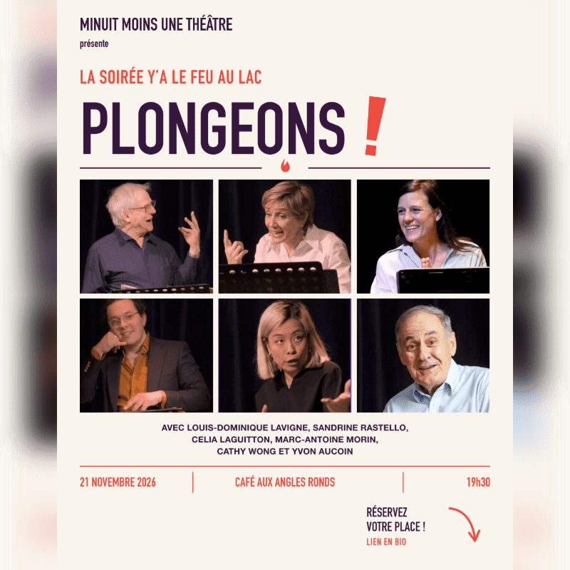 Six actors are featured in six panels against a dark background, with the title "PLONGEONS!" prominently displayed above them.