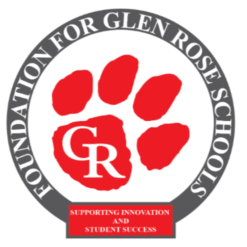 A red paw print with "GR" inside is centered on a white background, surrounded by a gray circle with "FOUNDATION FOR GLEN ROSE SCHOOLS" written in white, and a red banner below reads "SUPPORTING INNOVATION AND STUDENT SUCCESS."