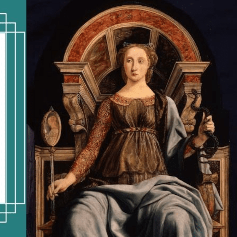 A regal woman with a snake in her hand sits on an ornate throne against a dark, architectural background.