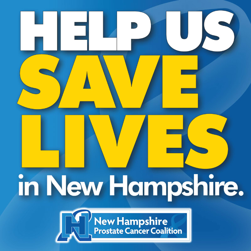 Large yellow text reading "SAVE LIVES" is superimposed over a blue background with a white gradient and subtle wave pattern, with the words "HELP US" above and "in New Hampshire." below, all anchored by the New Hampshire Prostate Cancer Coalition logo at the bottom.