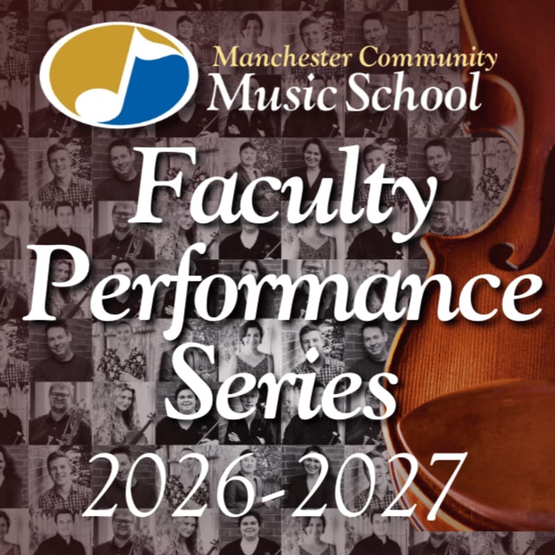 A collage of faculty portraits forms the background for the "Faculty Performance Series 2026-2027" text and a violin scroll in the foreground.