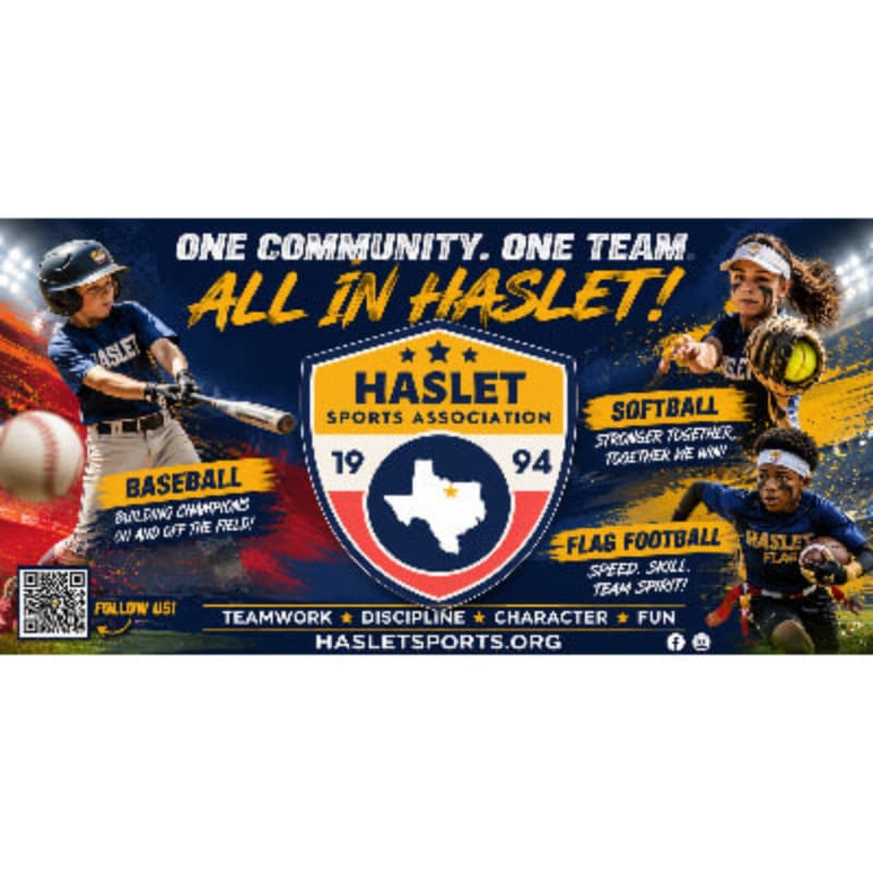Children play baseball, softball, and flag football in front of a Haslet Sports Association logo against a stadium background.
