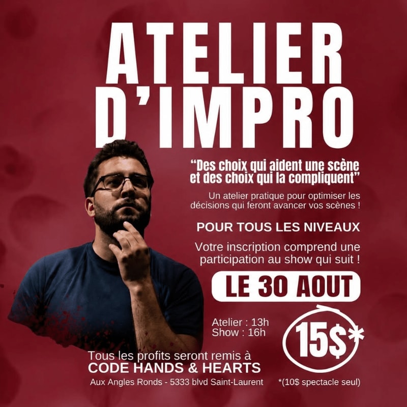 A man with glasses and a beard ponders in the foreground against a red background with bold white text advertising an improv workshop.