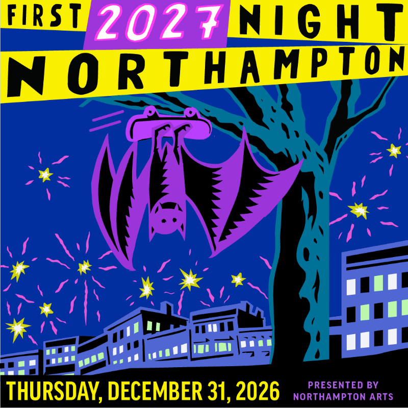 A purple bat hangs upside down from a tree in the foreground, with fireworks and buildings in the background under a dark blue sky.