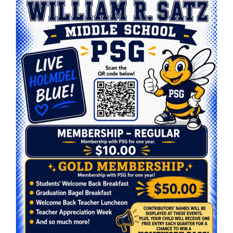 A cartoon bee in the foreground gives a thumbs up next to a QR code and membership details for William R. Satz Middle School PSG, set against a blue and white dotted background.