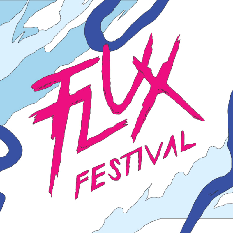 Bright pink, hand-drawn letters spelling "FLX FESTIVAL" are set against a white background with abstract blue and light blue shapes.