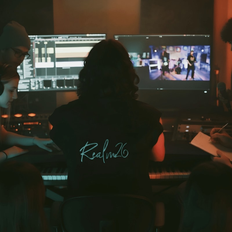 In the foreground, several people are gathered around a keyboard and mixing board in a dimly lit studio, while the background displays a large monitor showing a live performance.