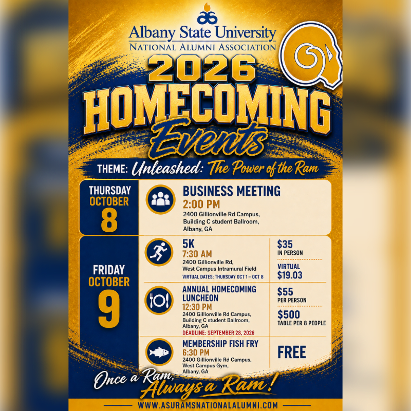 A flyer for Albany State University's 2026 Homecoming Events, featuring a ram logo and event details against a textured yellow and blue background.