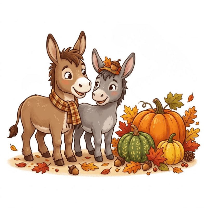 Two adorable donkeys stand among fallen autumn leaves and pumpkins, with a white background.