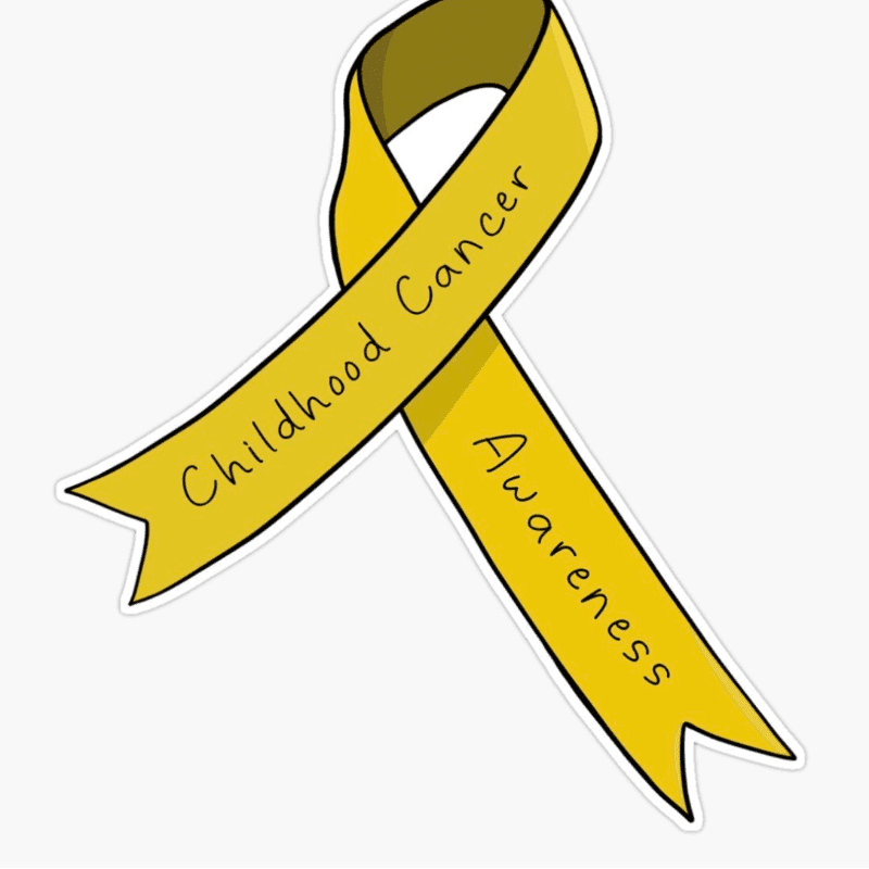 A yellow ribbon with the words "Childhood Cancer Awareness" is displayed against a white background.